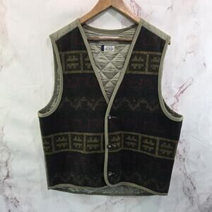 Vintage Wool Vest Mens Large Green Aztec Southwestern Quilted Pure Stuff Blanket